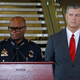 As Dallas Mayor Mike Rawlings (right) looks on, Dallas Police Chief David Brown speaks at Dallas City Hall on July 8, 2016, about the fatal shootings of five Dallas police officers.
Stewart F. House/Getty Images